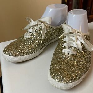 Keds x Kate Spade Glitter Sneakers Shoes Gold Silver Ivory Ribbon Shoes Size 7.5